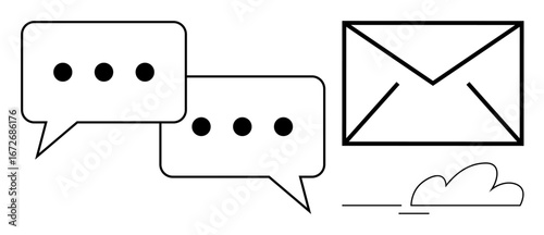 Speech bubbles and envelope icon representing messaging, email, and communication. Cloud element hints at online storage. Ideal for collaboration, networking, digital messaging, technology