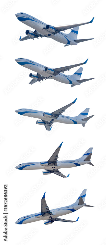 Obraz premium Photo Collage Of Airplanes From Different Angles Isolated On A White Background