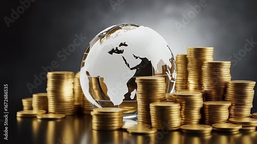 A clear globe sits atop stacks of gold coins