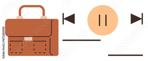 Brown leather briefcase alongside media controls thumbs up play, pause, and skip buttons. Ideal for business, multitasking, workplace efficiency, productivity, career planning, time management