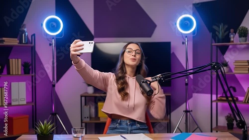 A woman records a video with a ring light and microphone