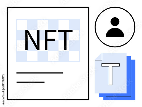Large NFT text on a checkered graphic, user profile icon, and layered text documents. Ideal for blockchain, digital ownership, cryptocurrency, technology, data, creativity simple landing page