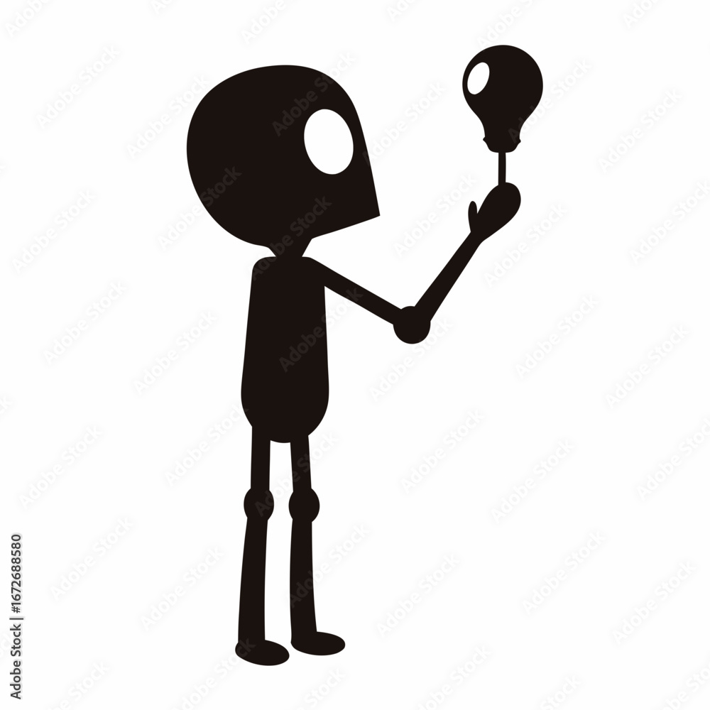 Fototapeta premium Silhouette of an extraterrestrial alien holding a light bulb in minimalist design