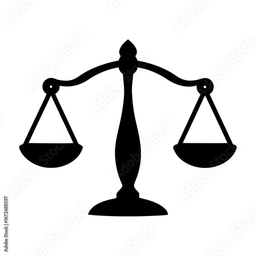 A stylized illustration of scales of justice in simple black silhouette