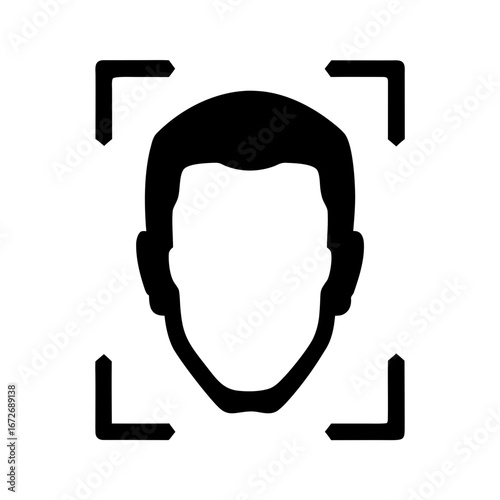 Black and white icon of a face within a facial recognition frame