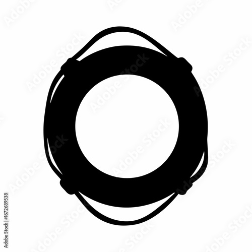 Simple Black Silhouette of a Life Preserver with Ropes and Attachments