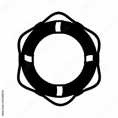 Black and white image of a life preserver with rope detail