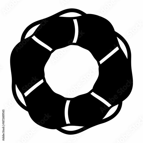 Stylized black and white life preserver with rope details and central opening