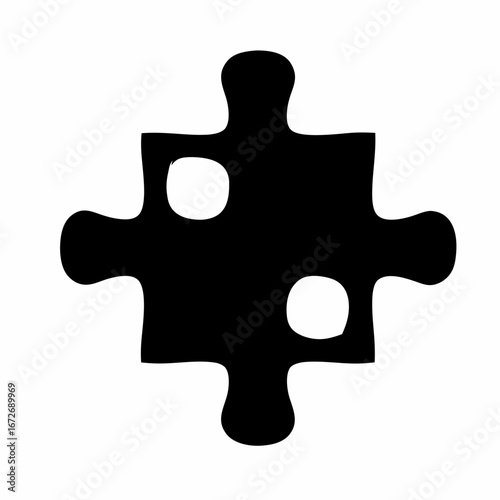 A single black jigsaw puzzle piece on a white background, with two holes