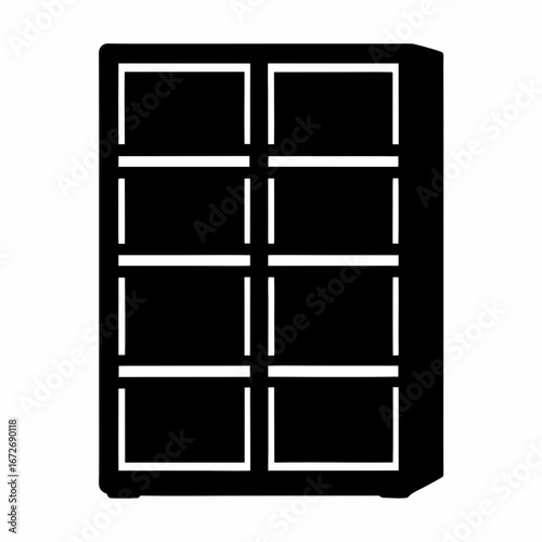 Black silhouette of a bookcase with shelves on a white background