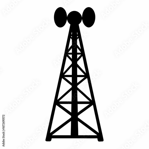 Silhouette of a radio communication tower with antennas against white background