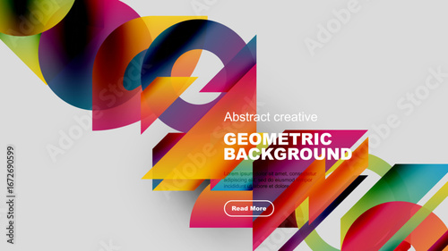 Abstract geometric shapes, vibrant colors, dynamic composition. Modern design elements create visually striking background.