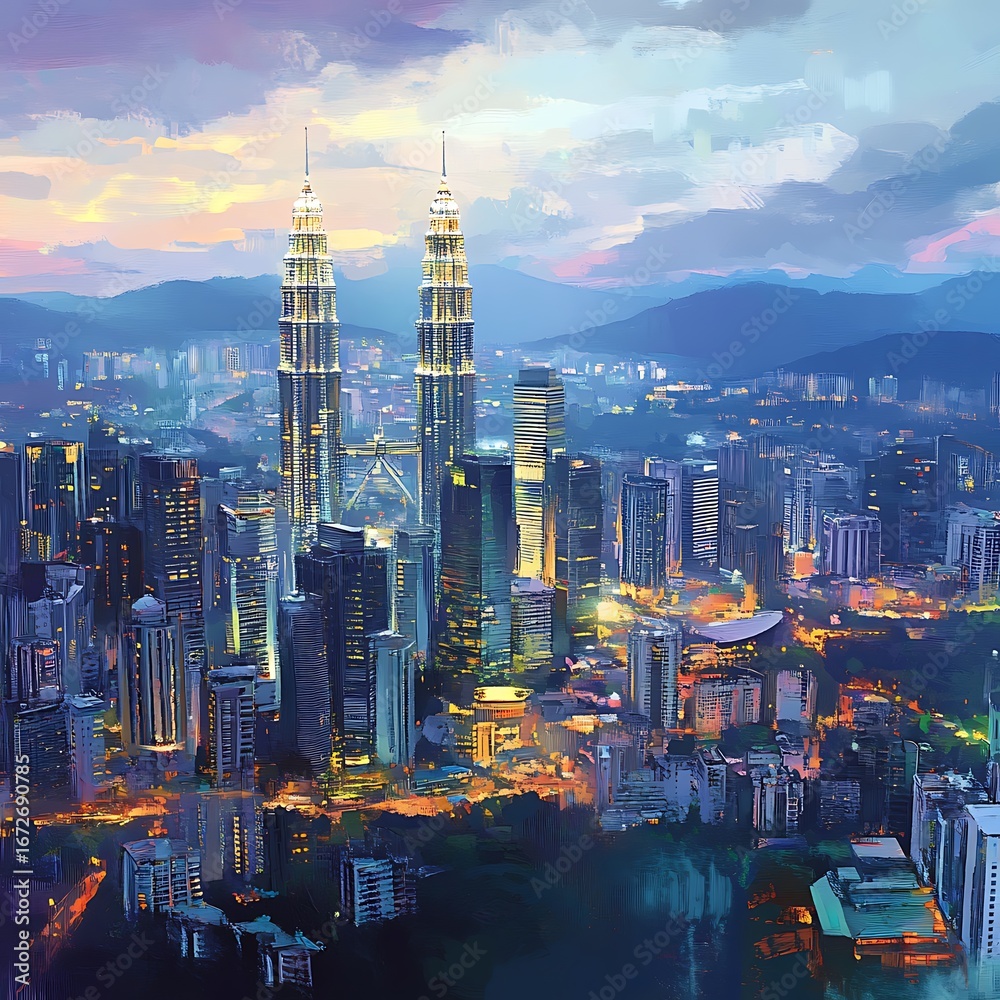 Fototapeta premium Beautiful cityscape of Kuala Lumpur under sunset sky high resolution picture