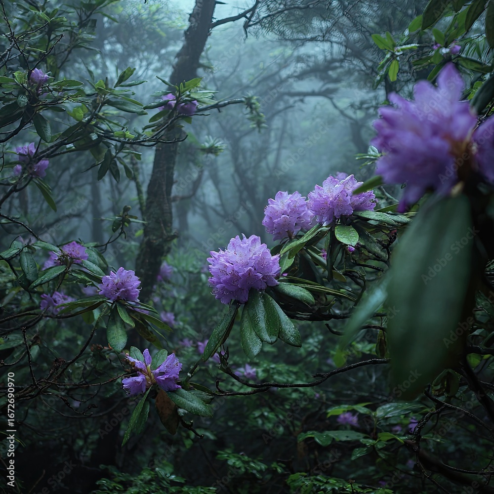 Obraz premium Misty Mountain Rhododendrons Blooming in Foggy Forest