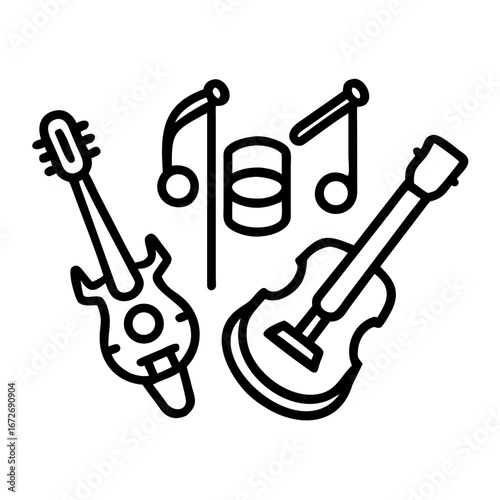 Outlined musical instruments including a guitar, violin, and some music notes