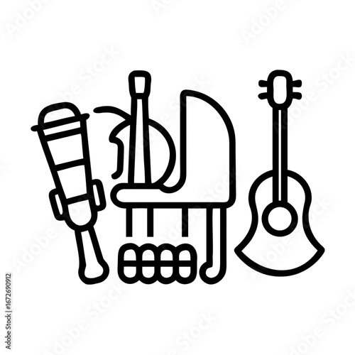 Monochromatic outline drawing of musical instruments including microphone, piano and guitar