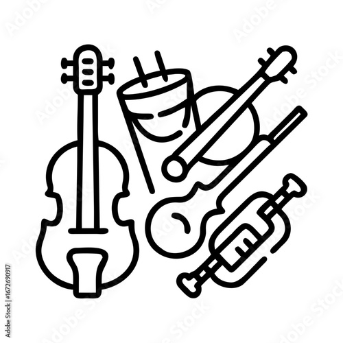 A collection of different stringed instruments in a bold line art style