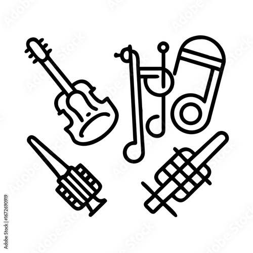 Stylized musical instrument line art featuring a violin, clarinet, and other objects