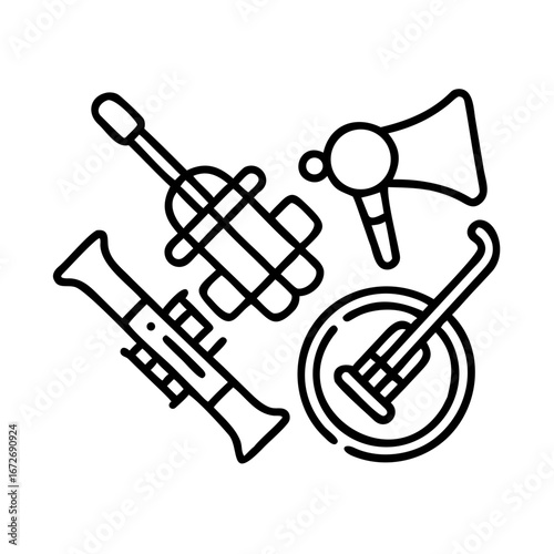 Outlined musical instruments, including wind, brass and stringed instruments collection