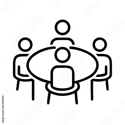 Simplified illustration of group meeting around a round table icon graphic