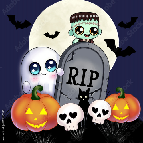  Halloween illustration featuring an adorable ghost, little Frankenstein, gravestone, black cat, skulls, jack-o’-lantern pumpkins, bats, and full moon