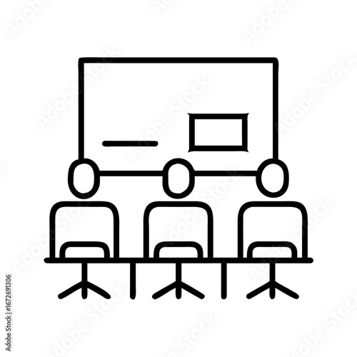 Outline illustration of business meeting with conference room and board presentation