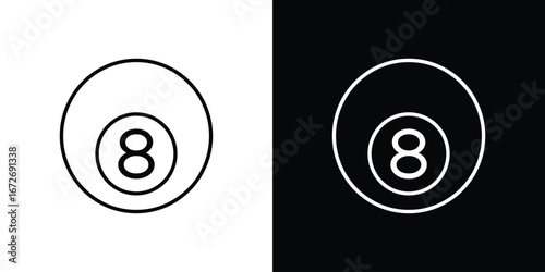 Pool 8 ball icon in line art versions on white background