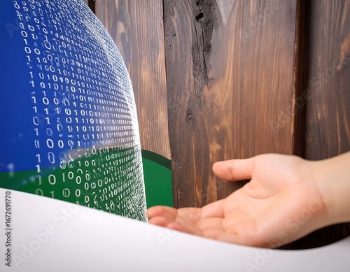 Digital data flowing over a hand against wood