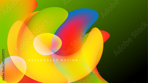 Abstract colorful shapes overlap, creating vibrant visual effect. Green background contrasts bright hues. Modern design element.
