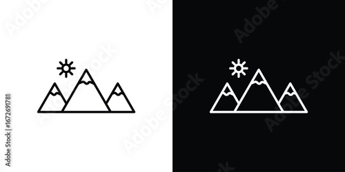 Mountain icon in line art versions on white background