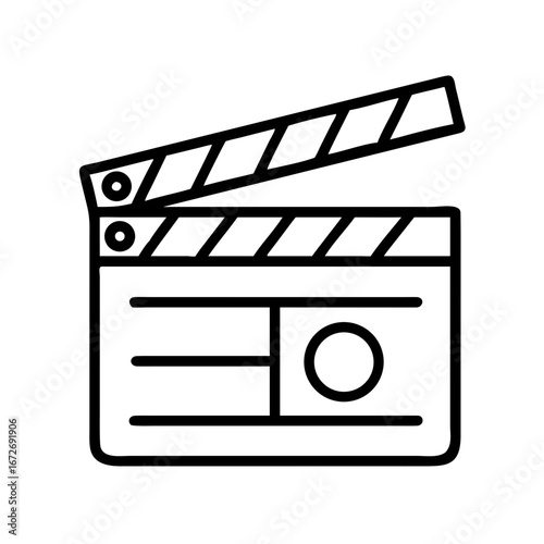 An outlined movie clapperboard with circles and angled lines for film production