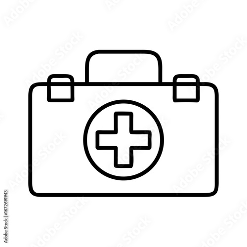 Simple line art depiction of a first aid kit with white background