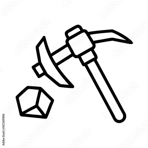 A simple line drawing of a pickaxe breaking a rock or mineral