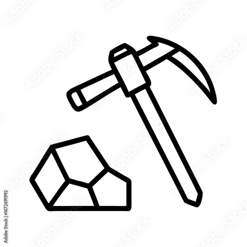 Simple outlined image of a pickaxe and a chunk of mineral ore