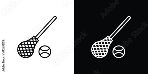 Lacrosse stick ball icon in line art versions on white background