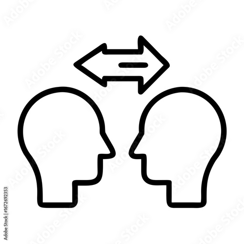 Heads facing each other with exchange symbol, representing communication and interaction