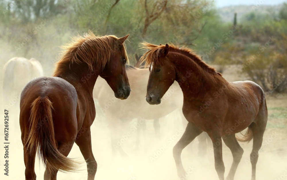 Obraz premium Wild Stallions Sparring in Desert 