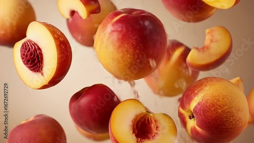 Multiple whole and halved peaches floating against a light brown background