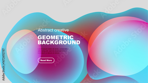 Abstract geometric background features vibrant overlapping shapes. Blue, pink, orange hues create modern design. Text present, button visible.