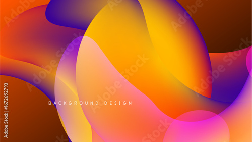 Abstract fluid shapes blend vibrant orange, purple, yellow hues. Dynamic composition creates modern background design. Smooth gradients dominate.