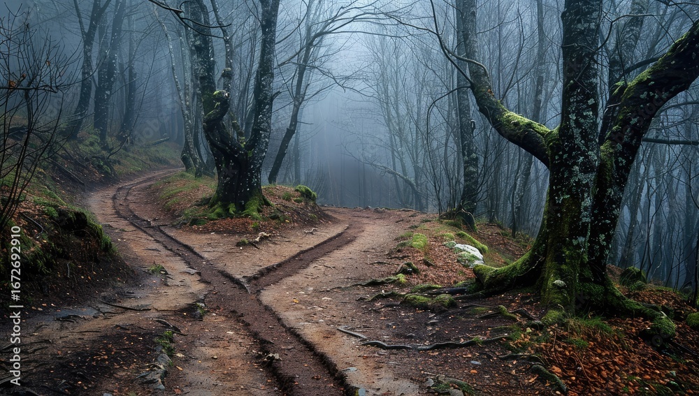 Obraz premium Misty forest path fork, autumn scene, hiking trail, mountain woods, nature photography