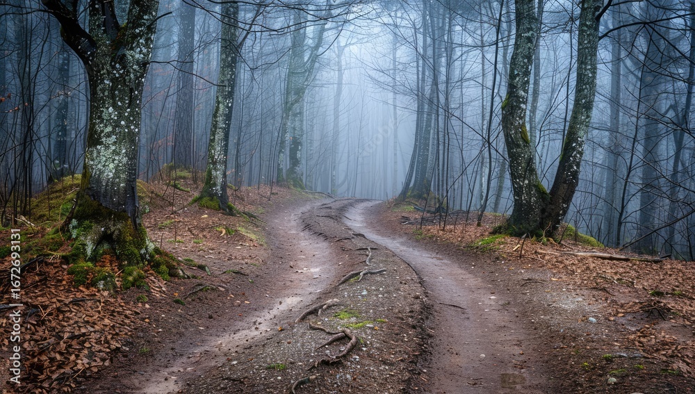 Naklejka premium Foggy forest path winding through trees, autumn leaves; mystical background, nature imagery