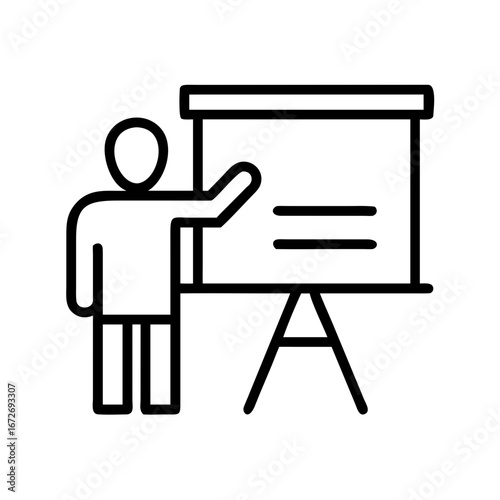 Black and white illustration of a presenter with a flip chart stand