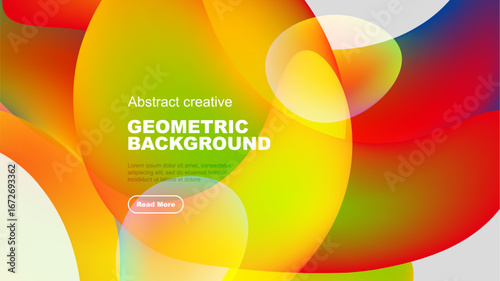 Vibrant abstract background features overlapping colorful shapes. Text includes geometric title, sample text, button. Modern design.
