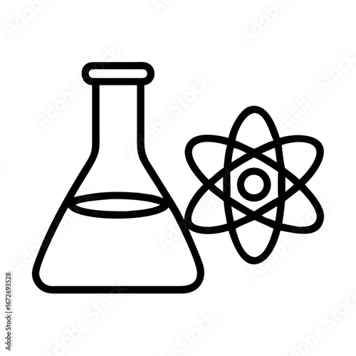 Conceptual illustration of science research experiment with atom and beaker flask