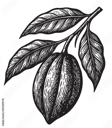 Cocoa pod with leaves vintage etching engraving black and white illustration for packaging and artwork