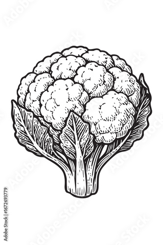 Detailed cauliflower etching illustration in classic black and white botanical engraving style