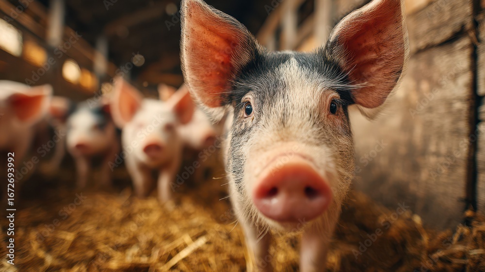 Fototapeta premium Close-up view of a curious pig in a rustic barn surrounded by other pigs during daytime