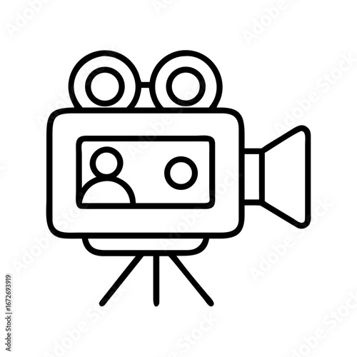 Simple illustration of a vintage movie camera with focus adjustments and tripod