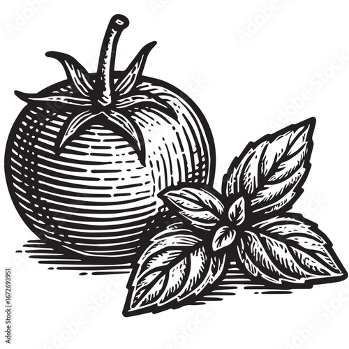 Tomato and Basil Etching black and white etching engraving linocut woodcut lineart detailed botanical food illustration for packaging and artwork
